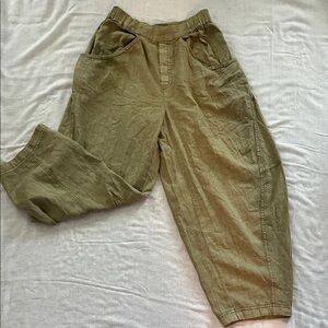 Free People Olive Green Cargo Linen-Blend Jumpsuit-Style Pants
